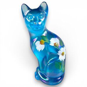 Fenton Glass Cat Iridescent Blue White Daisy Flowers Hand Painted by K Riley